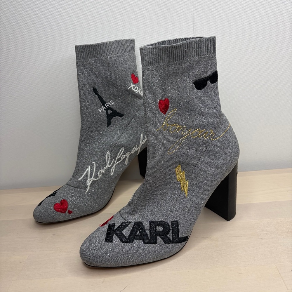 Karl Lagerfeld Gray Embroidered Heeled Boots